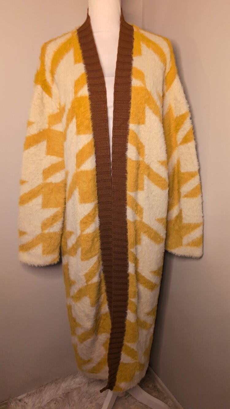 Rehab Lab fuzzy hounstooth floor length duster sweater cardigan